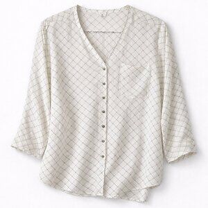 CAbi Button Front Blouse Grid Print Black White 3/4 Sleeve Size S